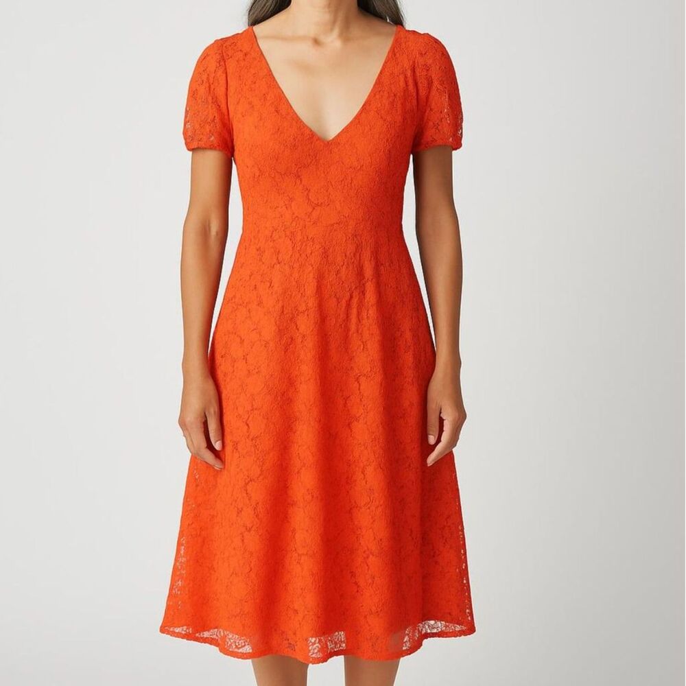 Leifnotes Anthropologie V-Neck Short Sleeve Orange Lace Dress Sz L